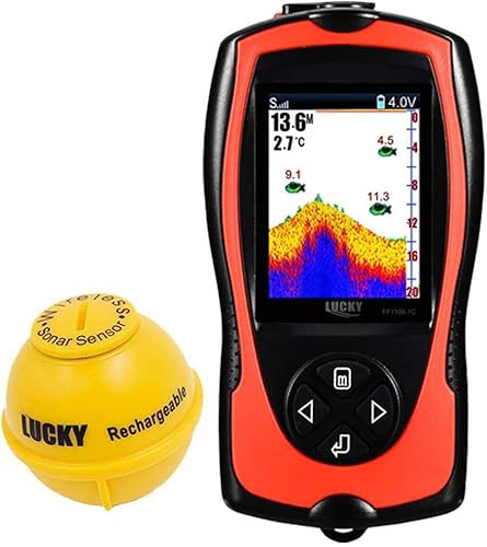 LUCKY Buscador de peces portátil Transductor Sonar Sensor de 147 pies de profundidad de agua Buscador de profundidad de agua Pantalla LCD Ecosonda
