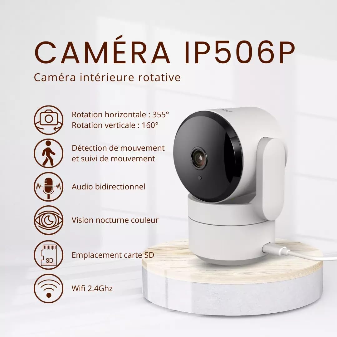 Daewoo - Telecamera interna rotante IP506P, Full HD 4K, WiFi, modalità privacy, rilevamento del movimento, visione notturna, sistema audio bidirezionale, monitoraggio del movimento
