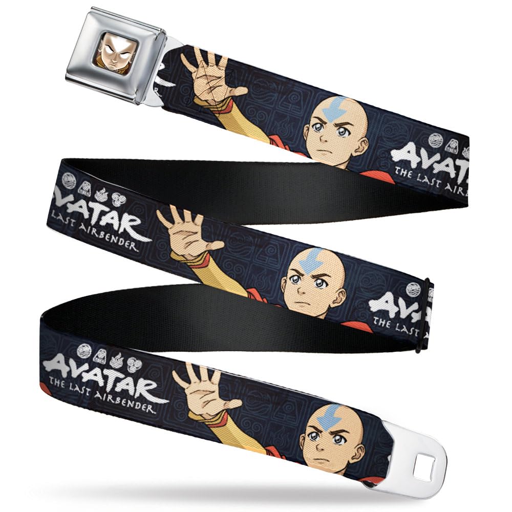 Nickelodeon Belt, Seatbelt Buckle Belt, Avatar Last Airbender Aang Hand Pose and Title Black Grays, Youth 20 to 36 Inches