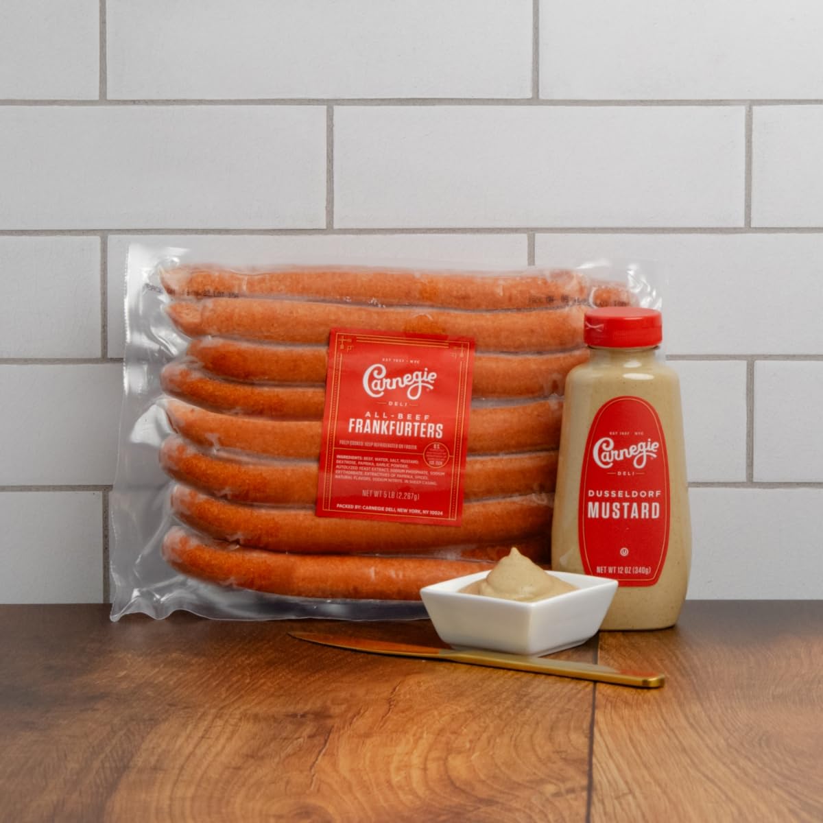 Carnegie Deli All-Beef 9” New York Hot Dogs & Mustard (Serves 25)