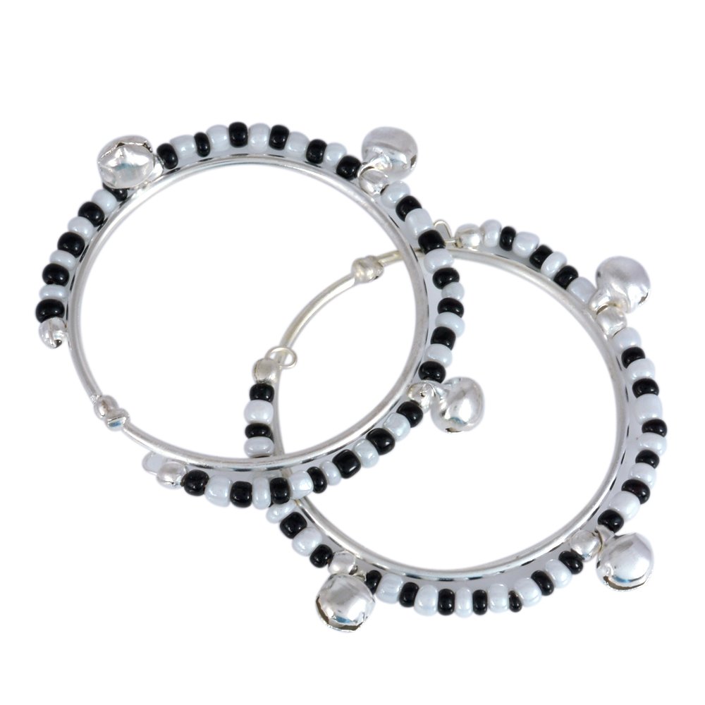 MemoirSilver plated, Black and white bead, free size, Kids Bangle, Kada, Nazariya, Nazaria lucky charm new born from (0-1 Yrs)