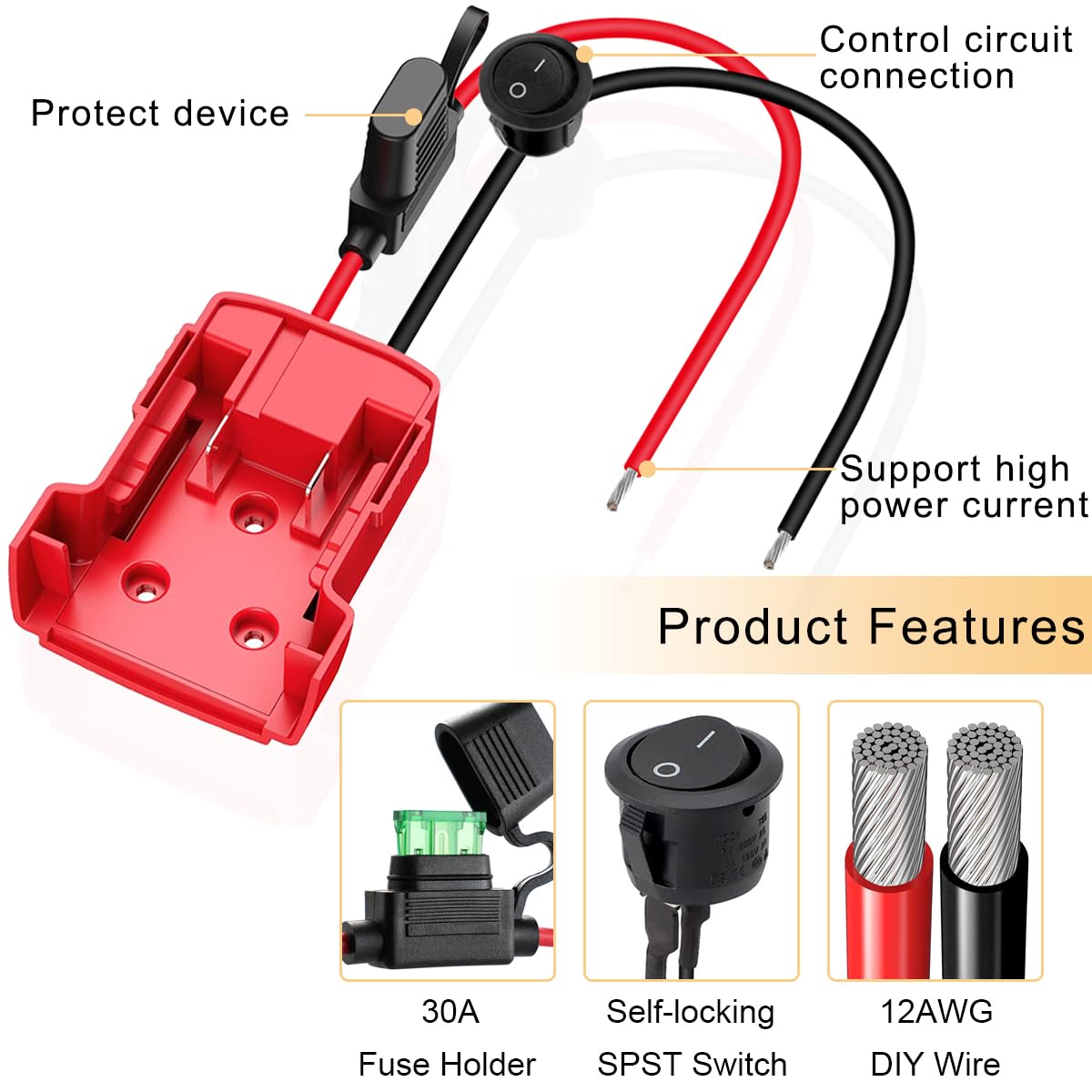 Adattatore Batteria Milwaukee 18V/20V Con Cavo E Fusibili Per Fai Da Te, RC E Luci - 2