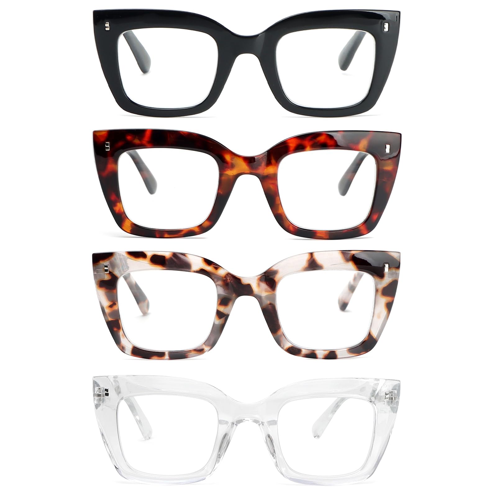 MMOWW 4 Pack Fashion Square Reading Glasses for Women Men Blue Light Blocking Readers with Spring Hinges