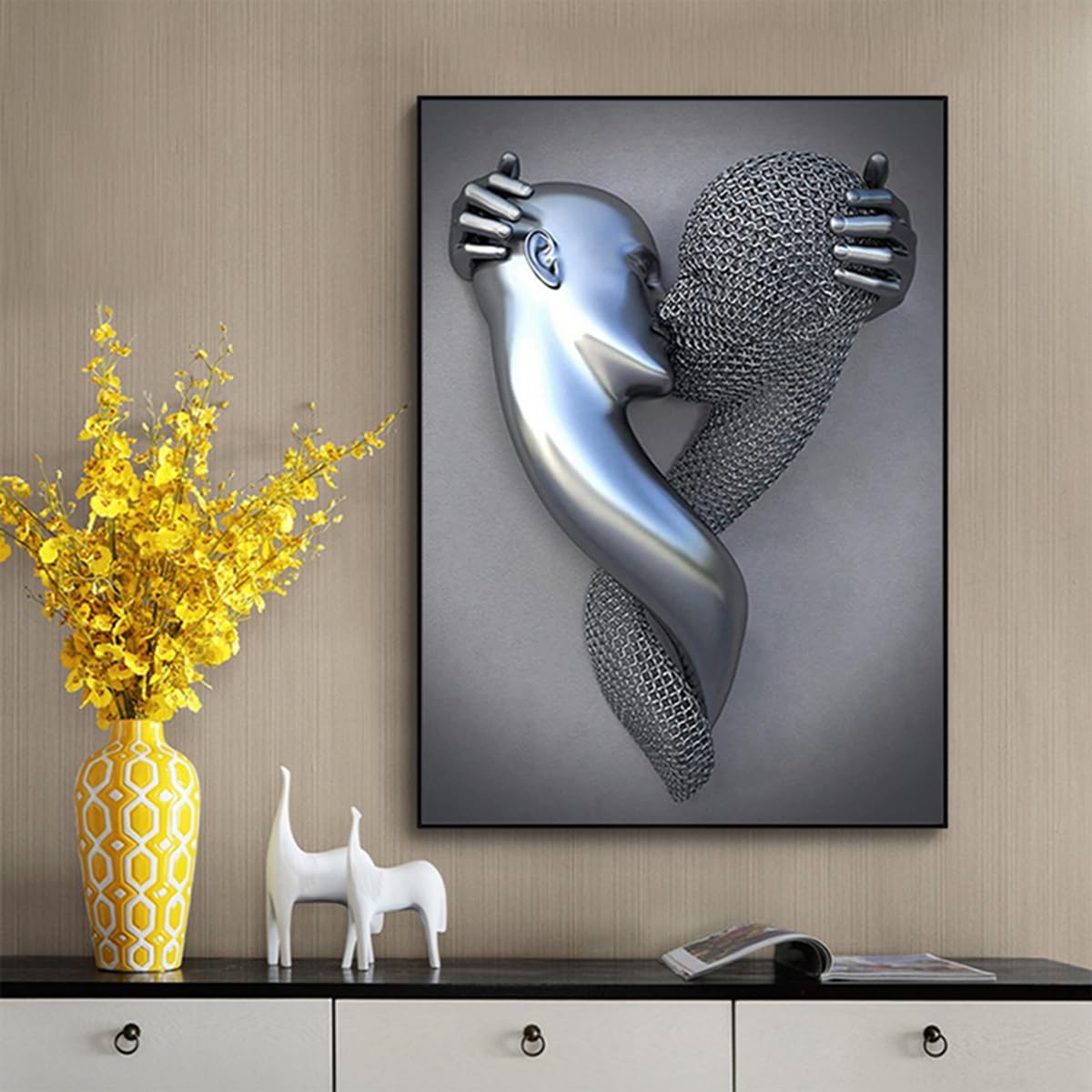 JNAOZI 3D Lovers Metal Figure Statue Canvas Painting Love Hug Abstract Art Frameless (Poster 6.50 x 70 cm x 1 Piece) - Image 2