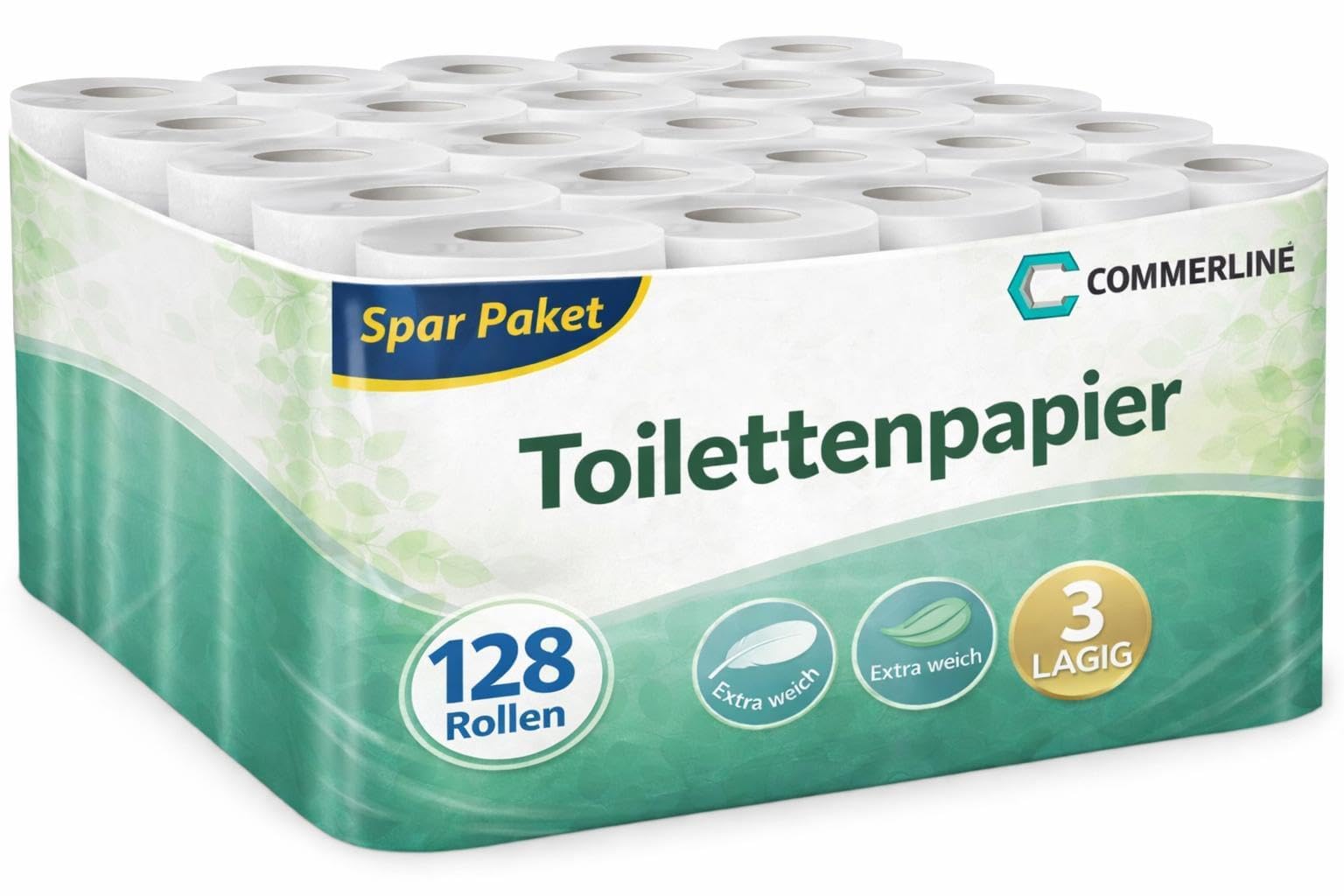 128 rollos de papel higiénico Commerline de 3 capas, papel higiénico para inodoro, 3 capas, 150 hojas por rollo, celulosa, extra suave, paquete grande (128 rollos)