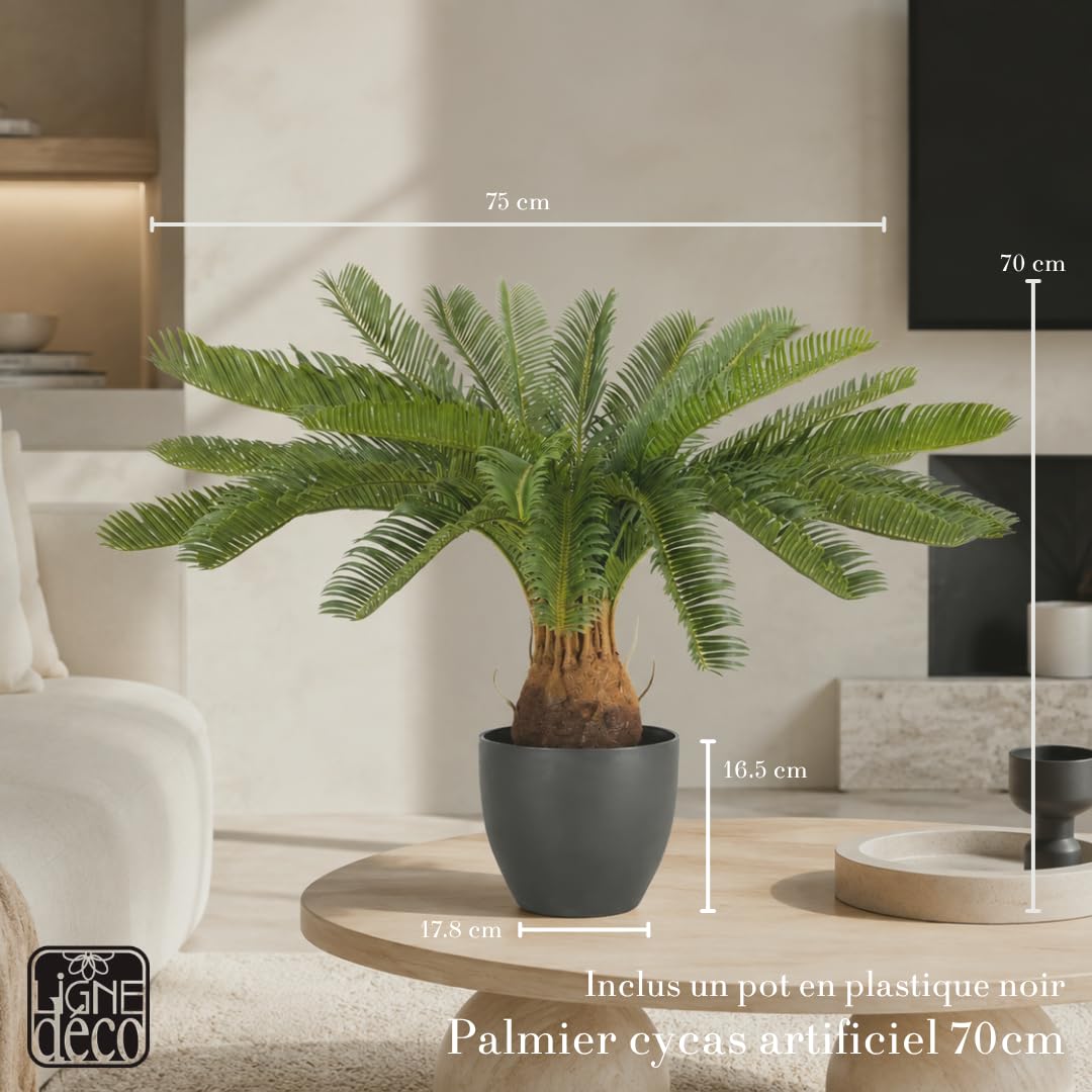 Ligne Déco – Palmier Cycas Artificiel 70cm | Pot Plastique Noir Intérieur Imitation Terre