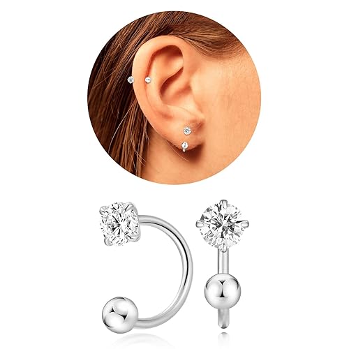 VDKIDKT Tiny 3mm Birthstone Earrings for Women Teen Girls Small Huggie Half Hoop Earrings Tiny Cartilage Hypoallergenic Stud Screw Earrings (Silver,