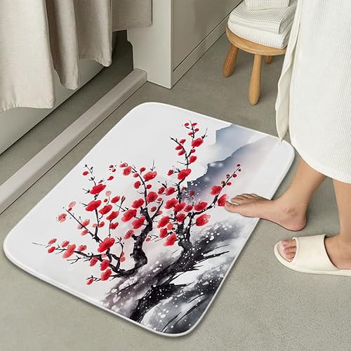 Miniatura 4 de Alfombra de baño floral con ramas de flor de ciruelo, terciopelo coral, tapete de ducha antideslizante para baño, árbol de flores, juegos de