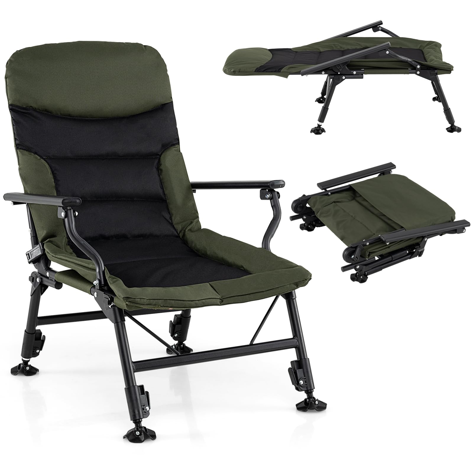 TANGZON Folding Camping Chair, Oversized Fishing Chair with 5-Position Adjustable Backrest & 360° Swivel Large Feet, Portable Outdoor Recliner Seat for BBQ Picnic Travel (60 x 80 x 86-96 cm)