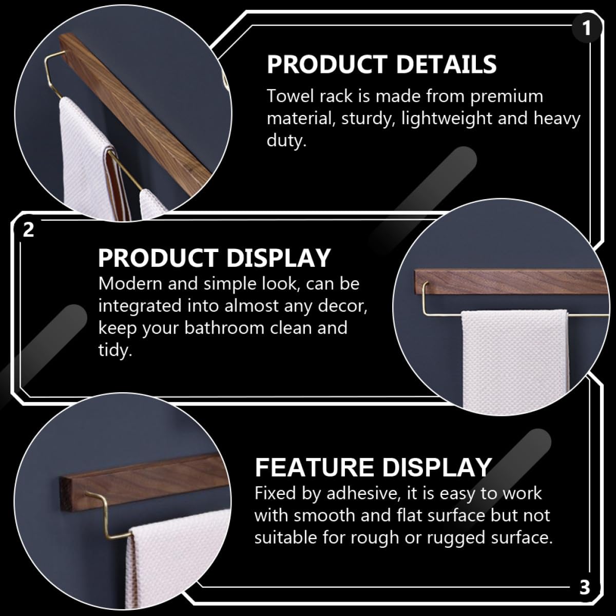Estante para Toallas de Madera Maciza Nogal Oscuro Función de Almacenamiento, Toallero de Pared Grande para Baño y Cocina sin Taladro