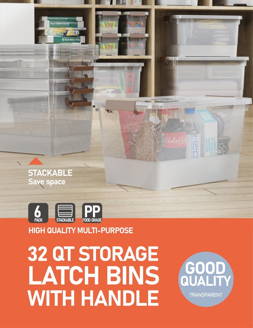 WYT 32 Qt Plastic Clear Storage Bin with Durable Lids and Latching Buckle, 6-Pack Tote Organizing Box Stackable and Nestable