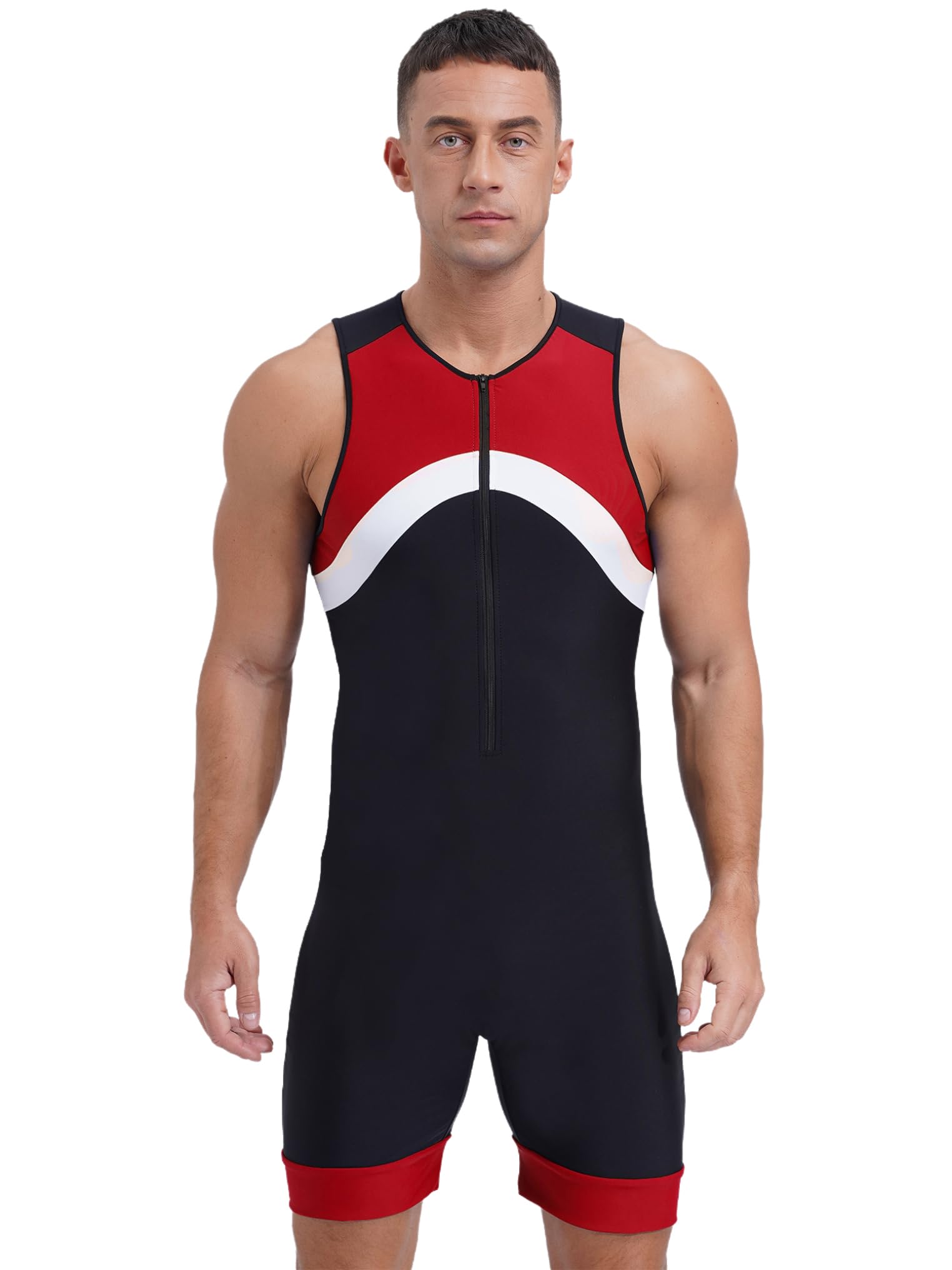 YEAHDOR Men's One Piece Sleeveless Surfing Swimsuit Front Zip Shorty Wetsuit Bodysuit Sun Protection Swimwear Red Large