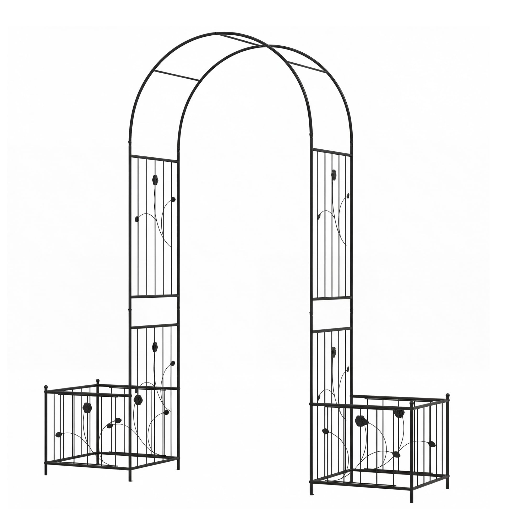 GYMAX Arche de Jardin avec 2 Jardinières, Treillis Métallique avec Pique pour Plantes Grimpantes & Rosiers, Arche de Rose avec bac à Fleurs, pour Mariage, Pelouse, Arrière-Cour