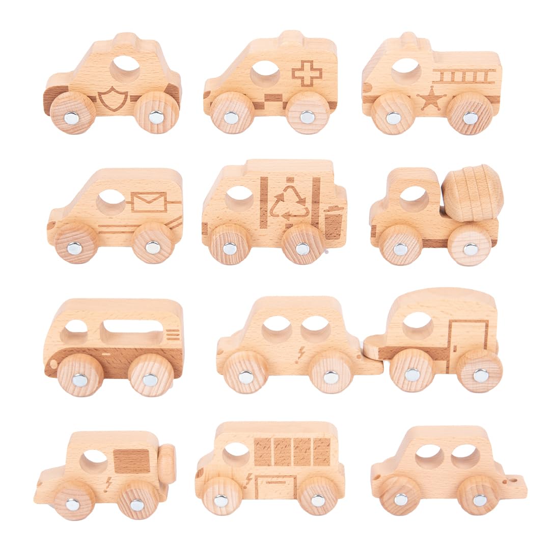 tickit Natural Wooden Vehicles Set  12 Beechwood Toy Cars, Trucks & Fire Engines  Rotating Wheels, Small World Play, Imaginative Play, Early Learning Vehicle Set for Children