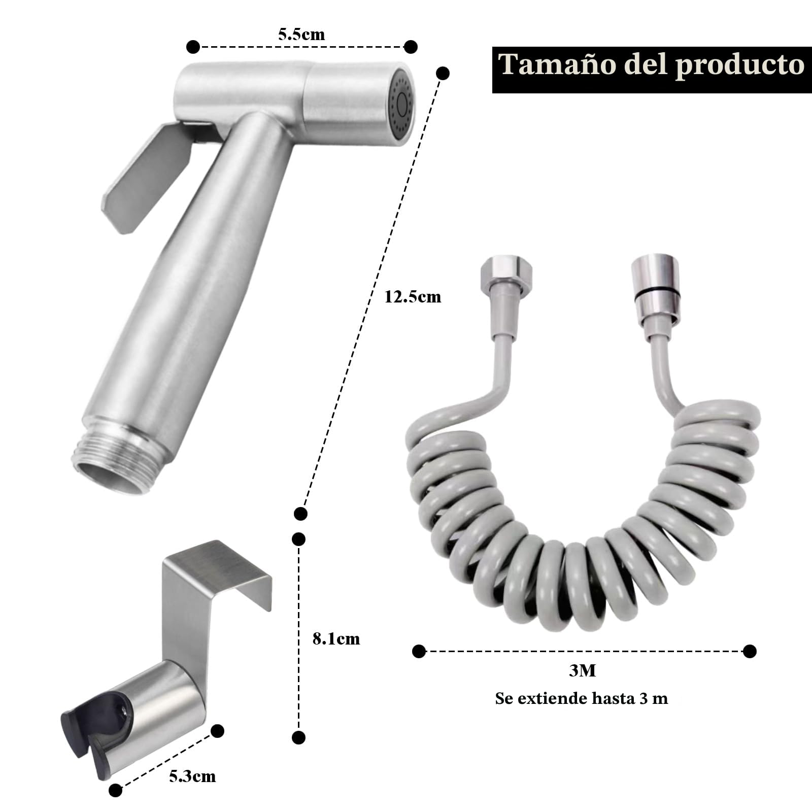 Ducha Higienica para WC Bidet Para WC de Inoxidable Rociador de Bidé con Manguera de Ducha de 3M Grifo Bidet Para WC Grifo Portatil para WC Kit para Toilette y Higiene Plateado
