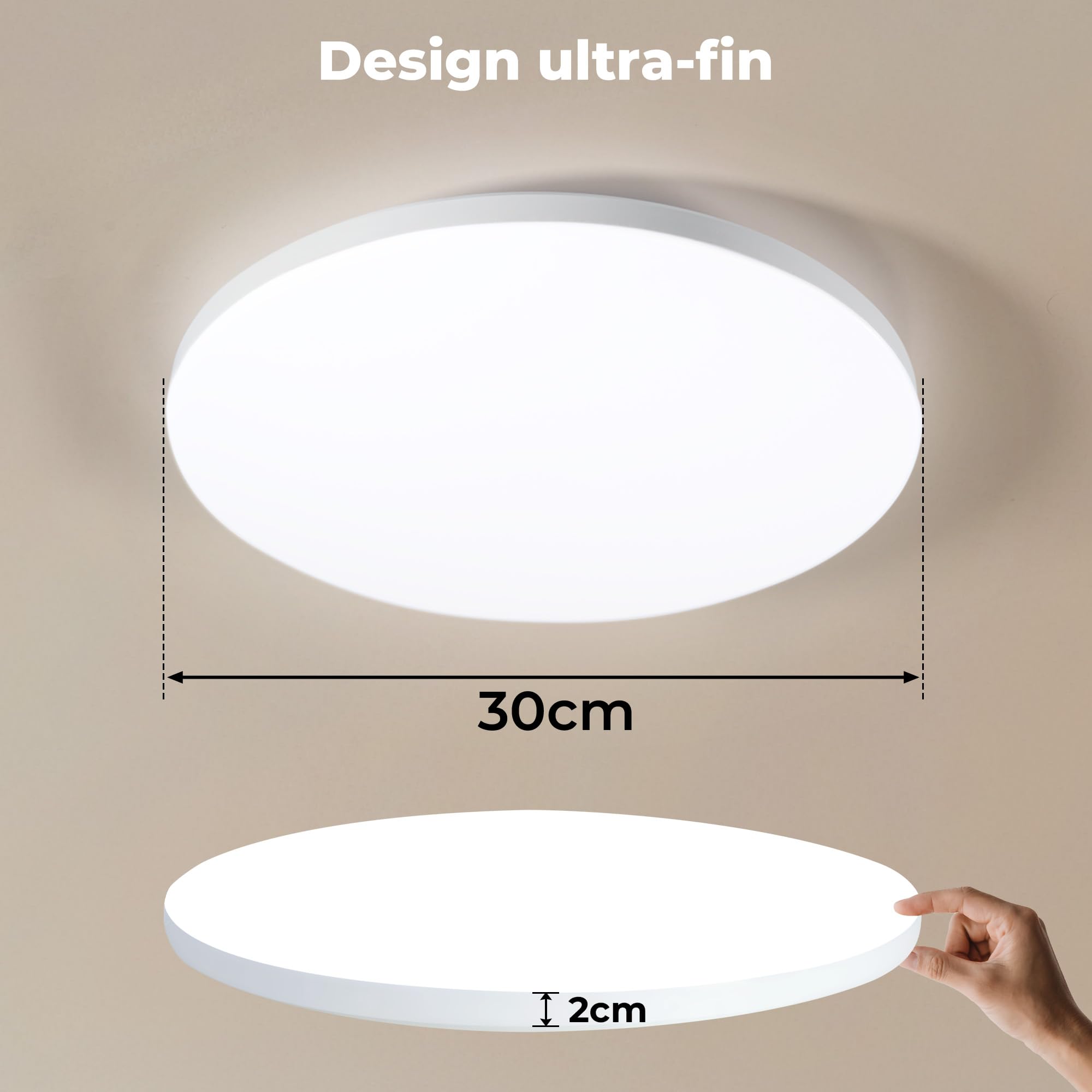 Plafonnier LED 32W Ø30cm IP44, Lumière Plafond Sans Scintillement 6000K, 1400LM Haute Efficacité Énergétique pour Salle de Bain, Cuisine, Salon - Design Ultra-Mince Moderne (Neutre)