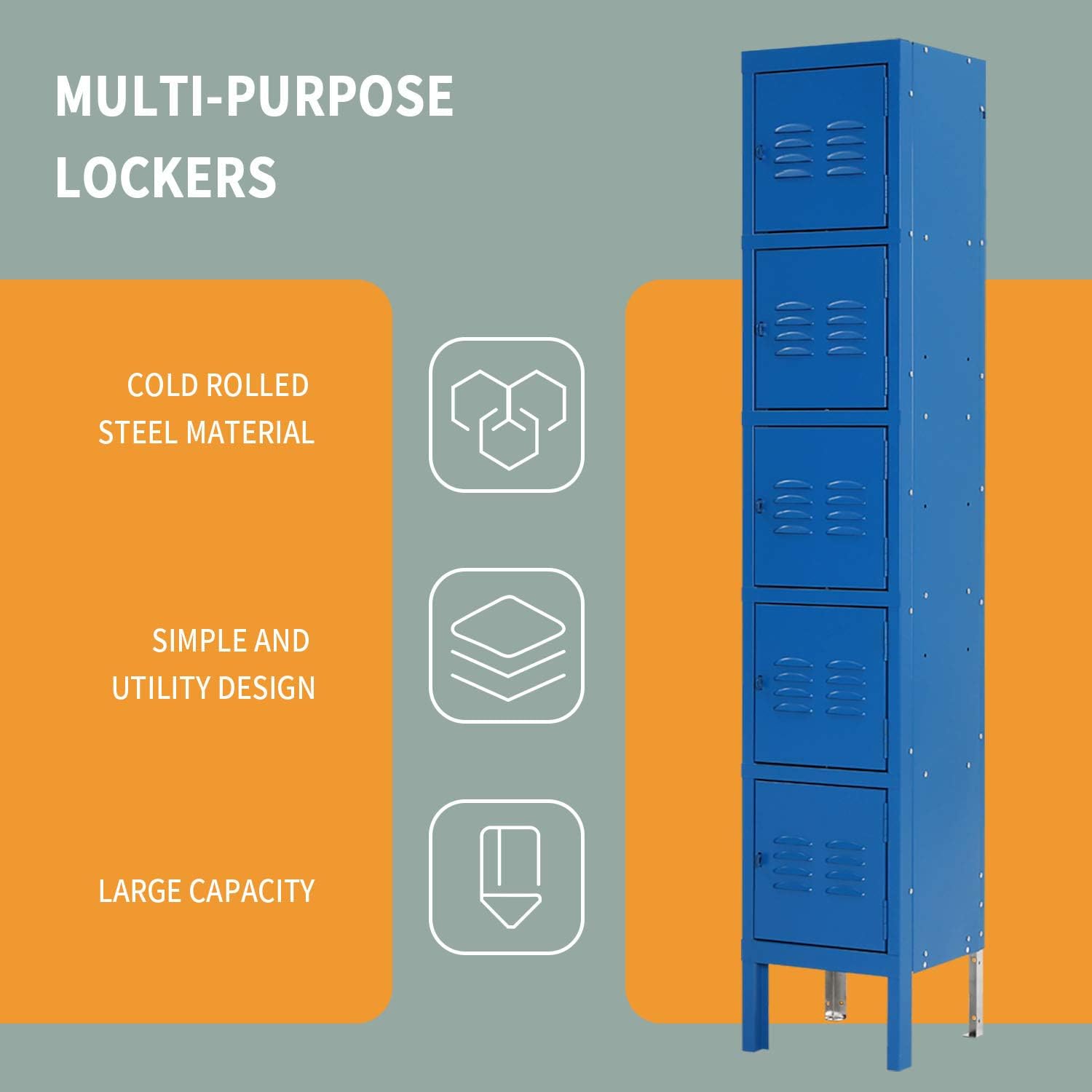 INTERGREAT Metal Locker for Office Storage Locker Employees Locker for School Gym Lockers Corridor Locker Five Tier Box Blue 5 Door