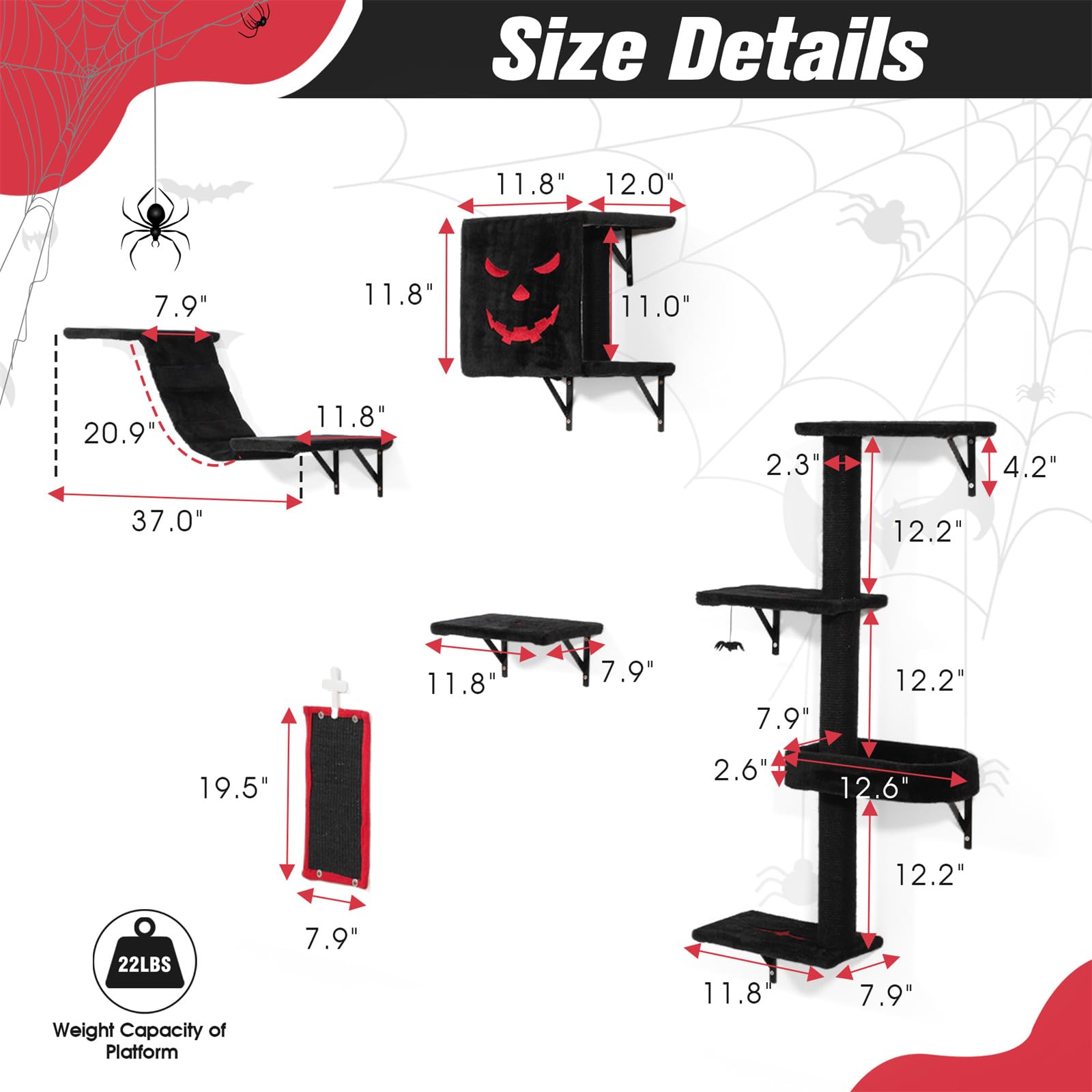 5 PCS Gothic Wall Mounted Cat Furniture, Cat Black Climber, Cat Wall Shelf with Cat Tree, Cat Scratcher, Cat Bridge and Cat Perch for Bedroom, Living Room, Cat Wall Halloween Furniture Set