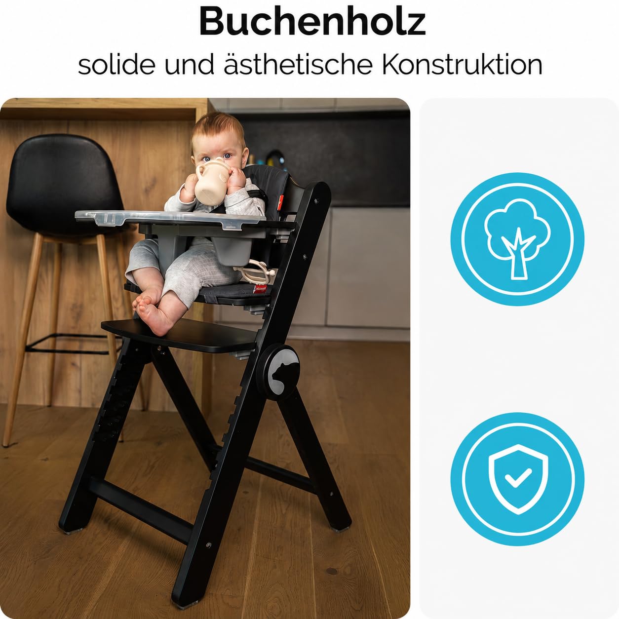 Drömmer Unique Trona Bebé Plegable con Bandeja Doble Extraíble Compacta Asiento y Reposapiés Regulables Arnés de 5 Puntos Cojín Desenfundable Evolutiva para Uso Diario en Casa negro