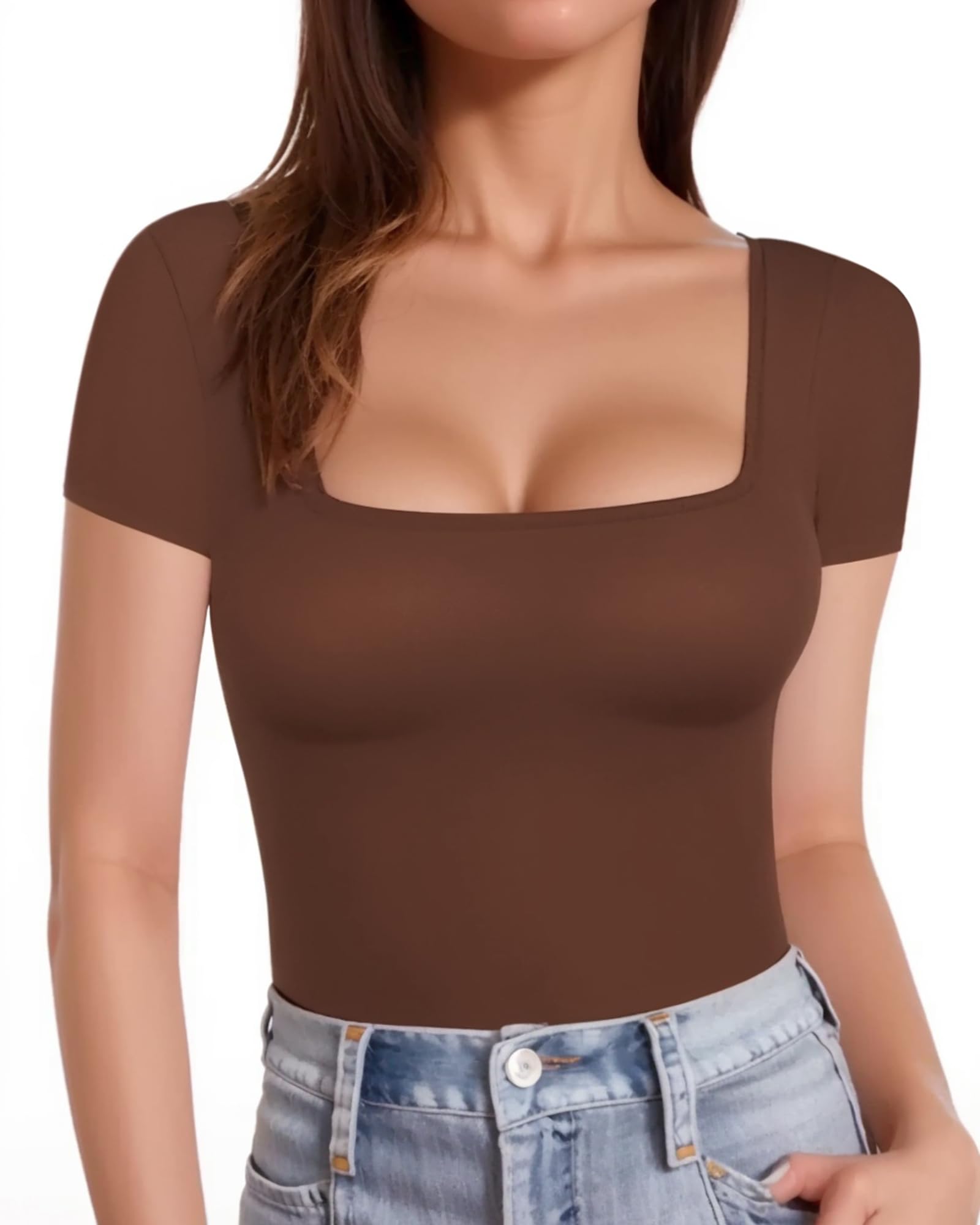 Women’s Square Neck Long Sleeve T-Shirt – Fleece Lined, Slim Fit, Casual Tee