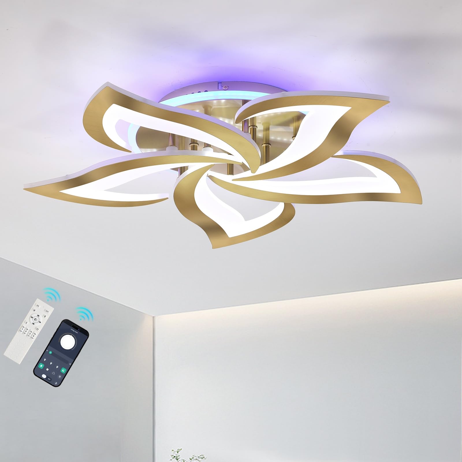 ZAITINZ LED Ceiling Light Dimmable, 50W Flush Ceiling Lights with Remote Control,Petals Chandeliers Ceiling Lamp for Bedroom Living Room Kitchen Game Room,3000-6000k,Gold