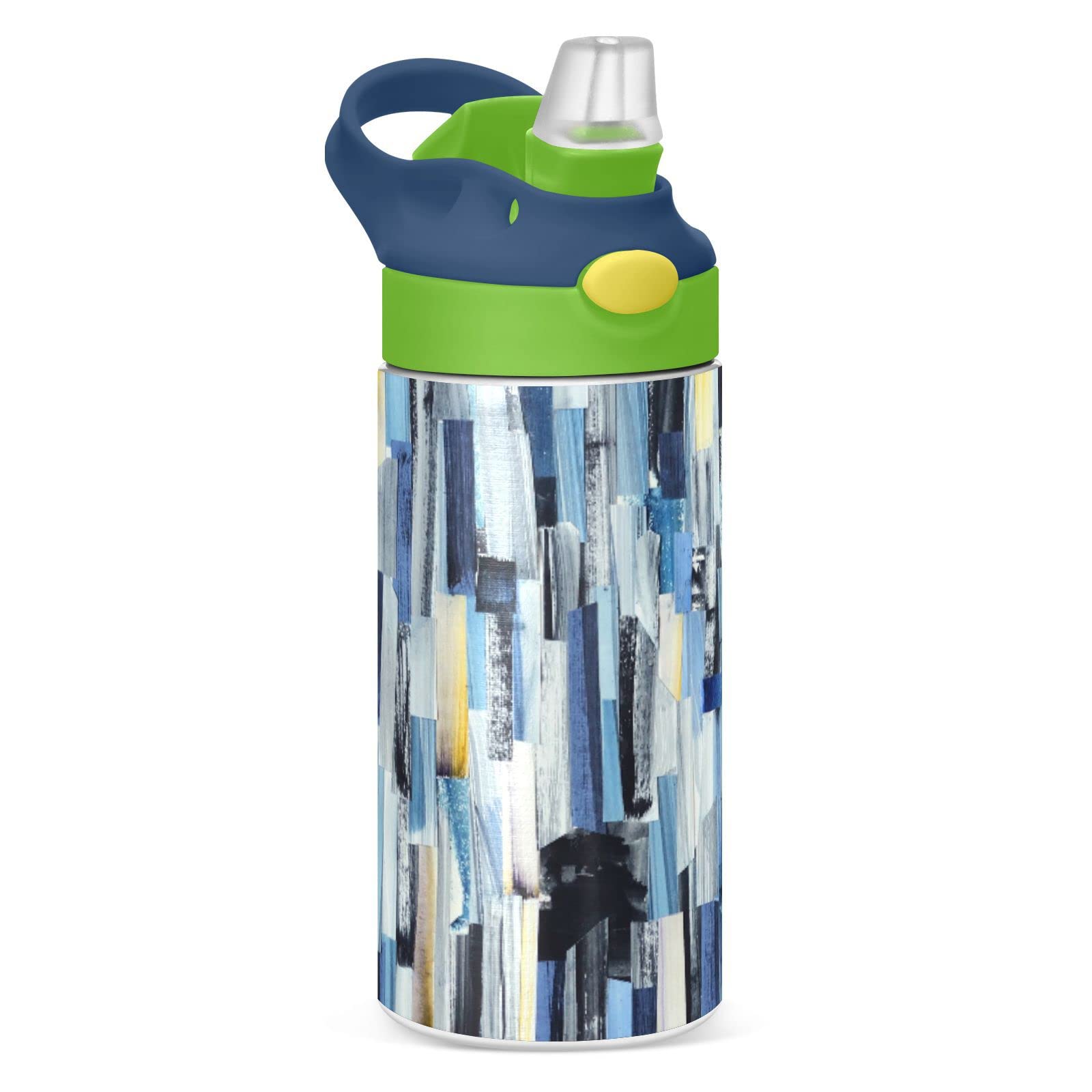 Abstract Multicolor Stripes Ink Texture Blue Dark Grey Yellow Tumbler with Lid & Straw, Boys Girls Stainless Steel Double Wall Cup Water Bottle BPA-Free Vacuum Insulated Thermal Mug 11.8 Oz