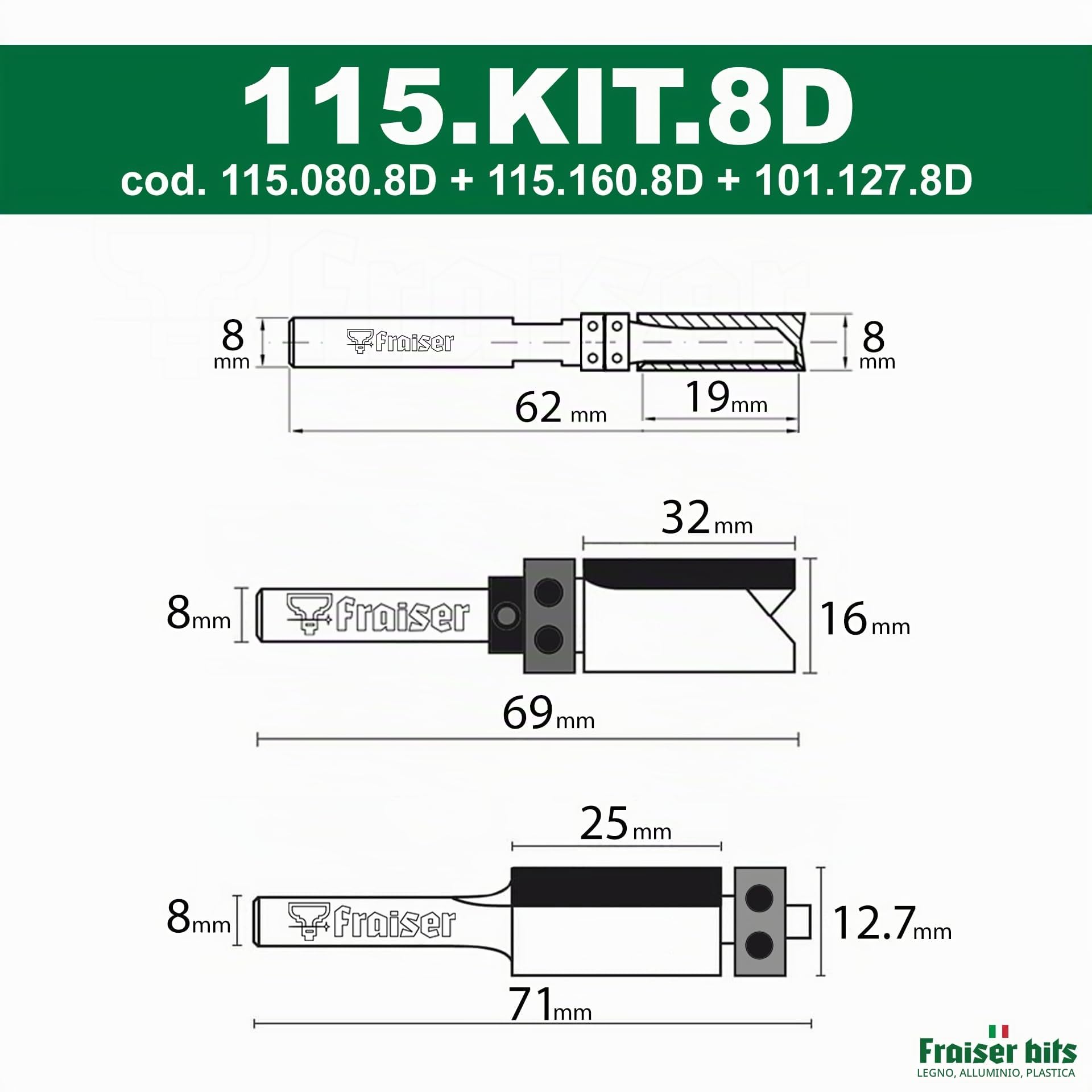 Fraiser - Set di frese a copiare e rifilare con cuscinetto superiore e inferiore per legno, gambo 8 mm, per fresatrice verticale e rifilatore