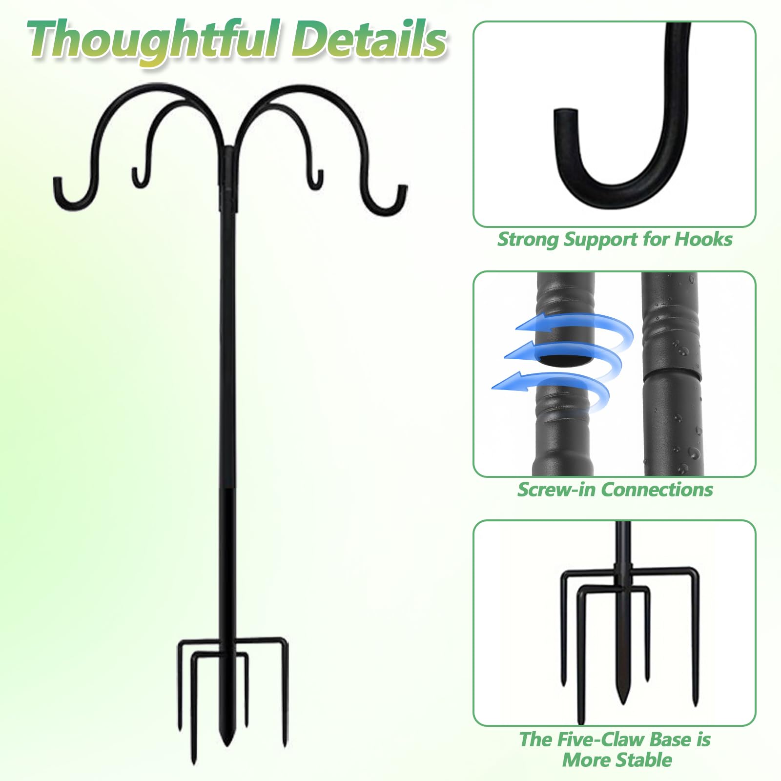 Bird Feeders Hanging Station, 223CM Bird Feeder Pole with 5-Prong Base, Bird Feeder Stand Heavy Duty, Extra Tall Shepherds Crooks Hooks for Outdoor Garden, Lamp, Flower Basket, Wind Chimes — view 3