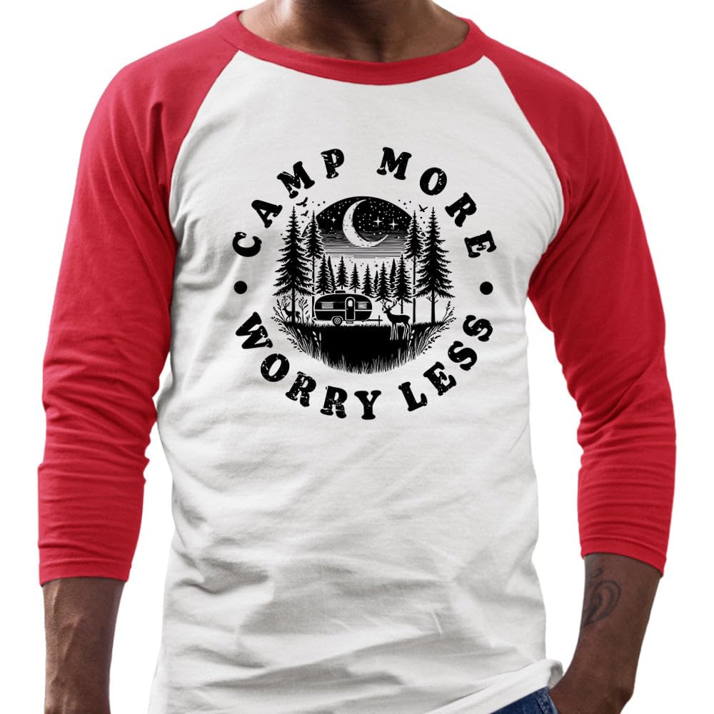 TeesAndTankYou Camp More Worry Less Three-Quarter Raglan Sleeve Baseball Shirt Unisex X-Small White/Red