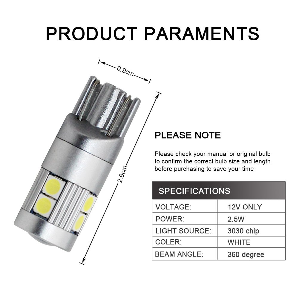 Yolu 2-Pack T10 LED White 9-SMD 3030 T10 W5W LED Bulbs Super Bright Interior Replacement Side Lights 168 194 2825 Wedge Bulbs for 12V License Plate Dashboard Side Marker Light Map Dome Lamp