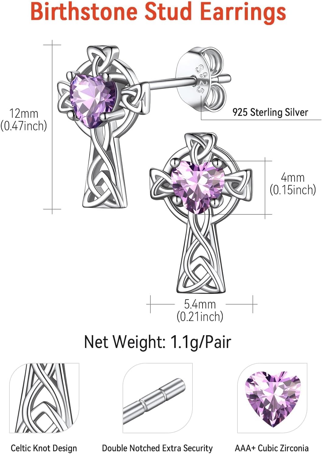 FaithHeart 925 Sterling Silver Birthstone Earrings for Women, Dainty Heart/Princess Cut/Celtic Knot/Cross Birthstone Stud Earrings for Women Pure Silver Birthstone Jewelry Gifts for Mom Daughter Wife