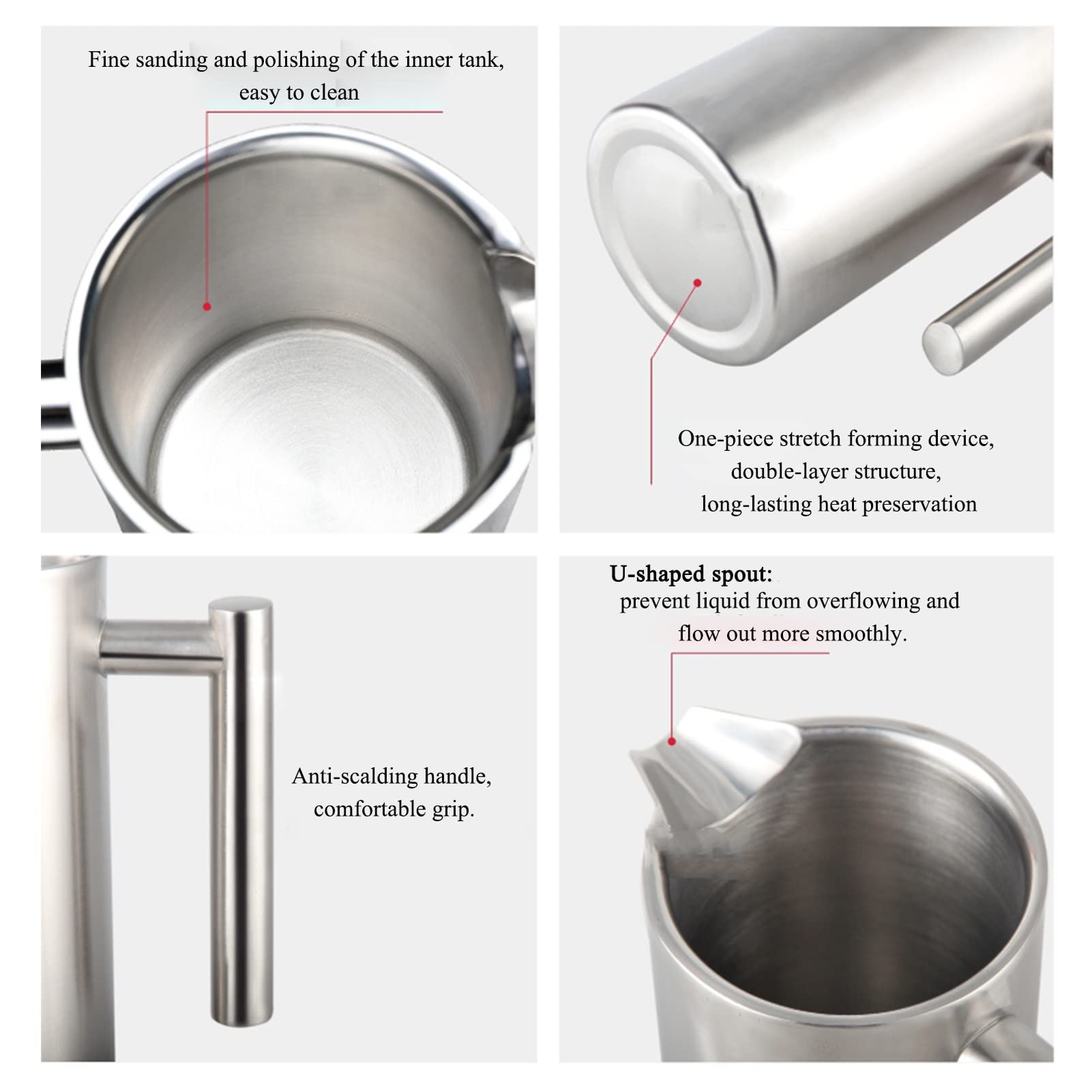 Cafetera Émbolo,Cafetera Francesa De Acero Inoxidable De Grado 304,Aislamiento De Doble Pared Y Pantalla De 3 Filtros,Cafetera De Piston Una Fácil Limpieza,Adecuada Para Camping,Prensa De Café Y Té