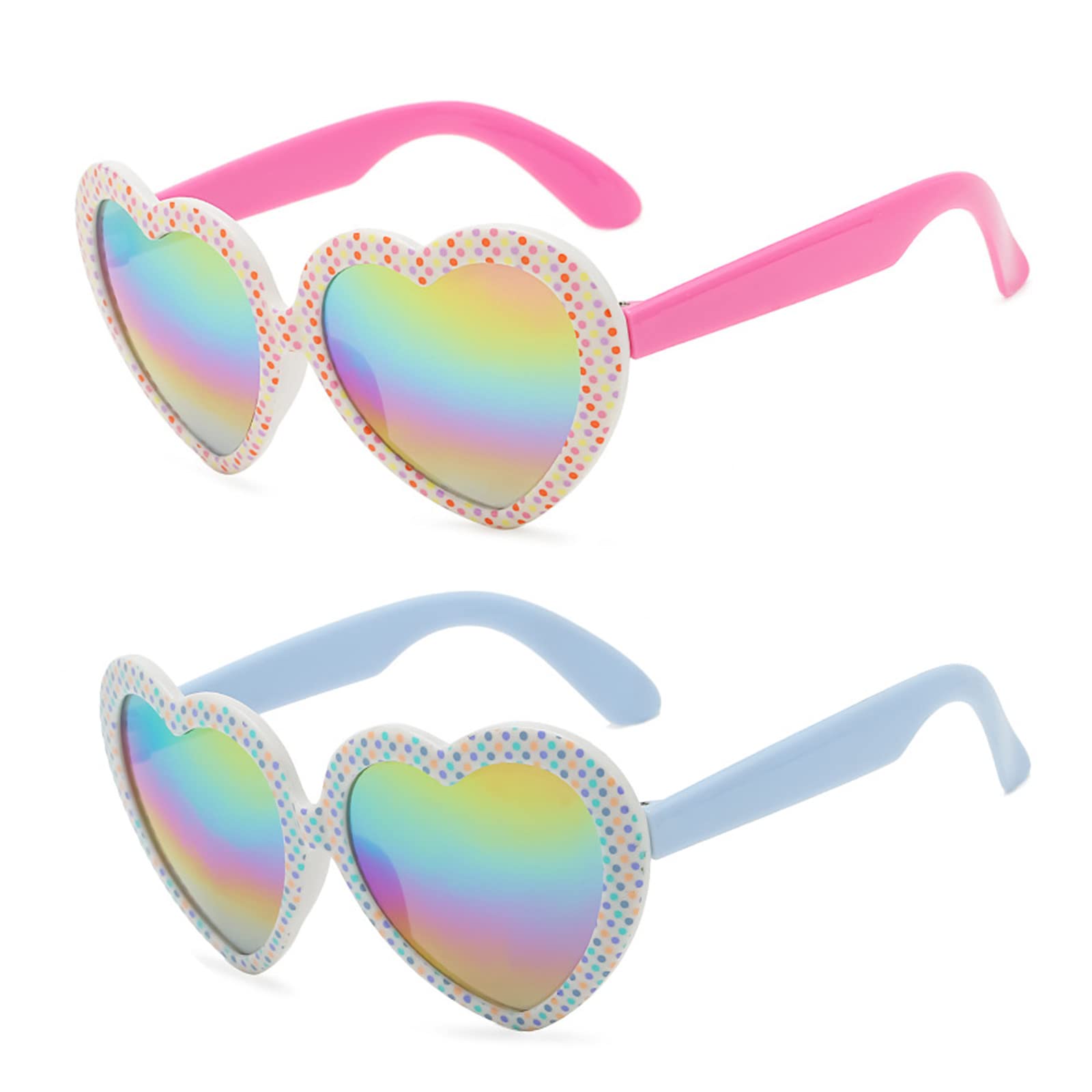 KIPETTO 2 Pairs Heart Shaped Sunglasses with Rainbow Mirrored Cute Heart Glasses for Girls Boys
