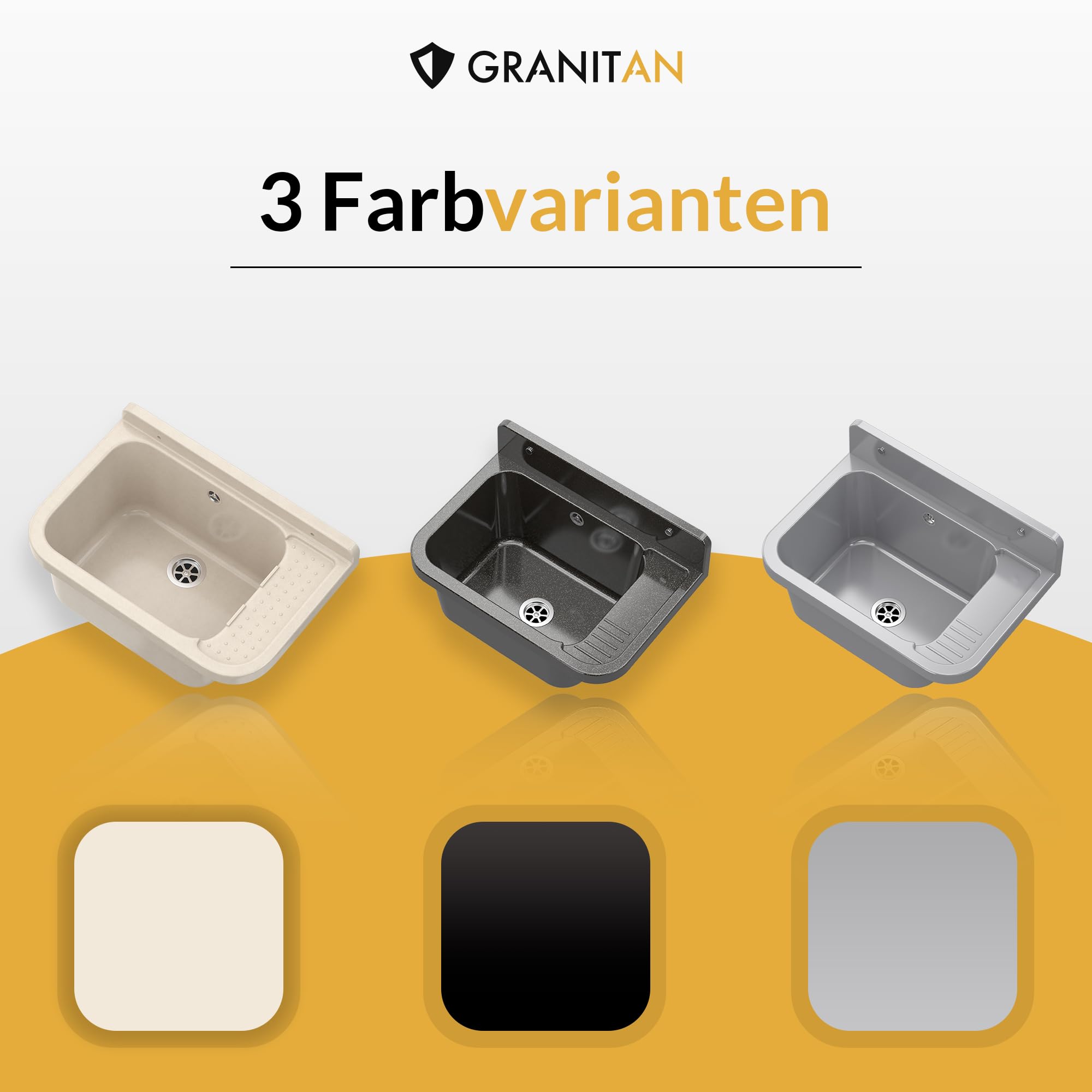 Granitan Ausgussbecken für Garage Keller Werkstatt und Waschküche - Universal Waschtrog Set mit Siphon - Waschbecken mit Abtropfschale Wandmontage aus Polypropylen - 50x34x31 cm - Grau - Figo