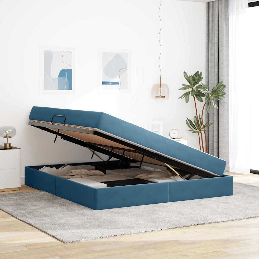 Cama de almacenamiento con colchón, terciopelo azul oscuro, 180 x 200 cm, elevador lateral hidráulico, muebles de dormitorio modernos, marco de cama super king size