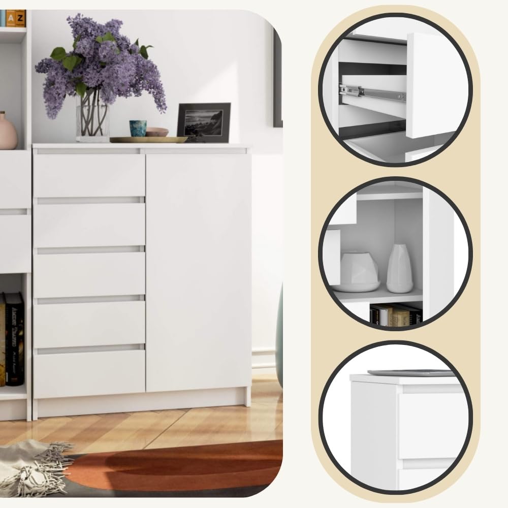 AKORD Kommode K-100 avec 1 Portes et 5 Tiroirs | pour Le Salon Chambre à Coucher | Moderne | Plateau Laminé 16mm | 80 x 35 x 97 cm | Blanc & Blanc