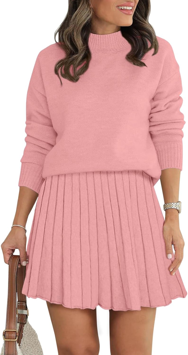 Women's Two Piece Outfits Turtleneck Long Sleeve Ribbed Knit Tops Pleated Mini Skir...