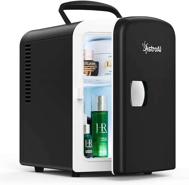 AstroAI Mini Fridge 4 Litre, 6 Can Portable AC+DC Power Cooler & Warmer, for Bedrooms, Cars, Offices; Skincare, Makeup, Cosmetics, Food (Black)