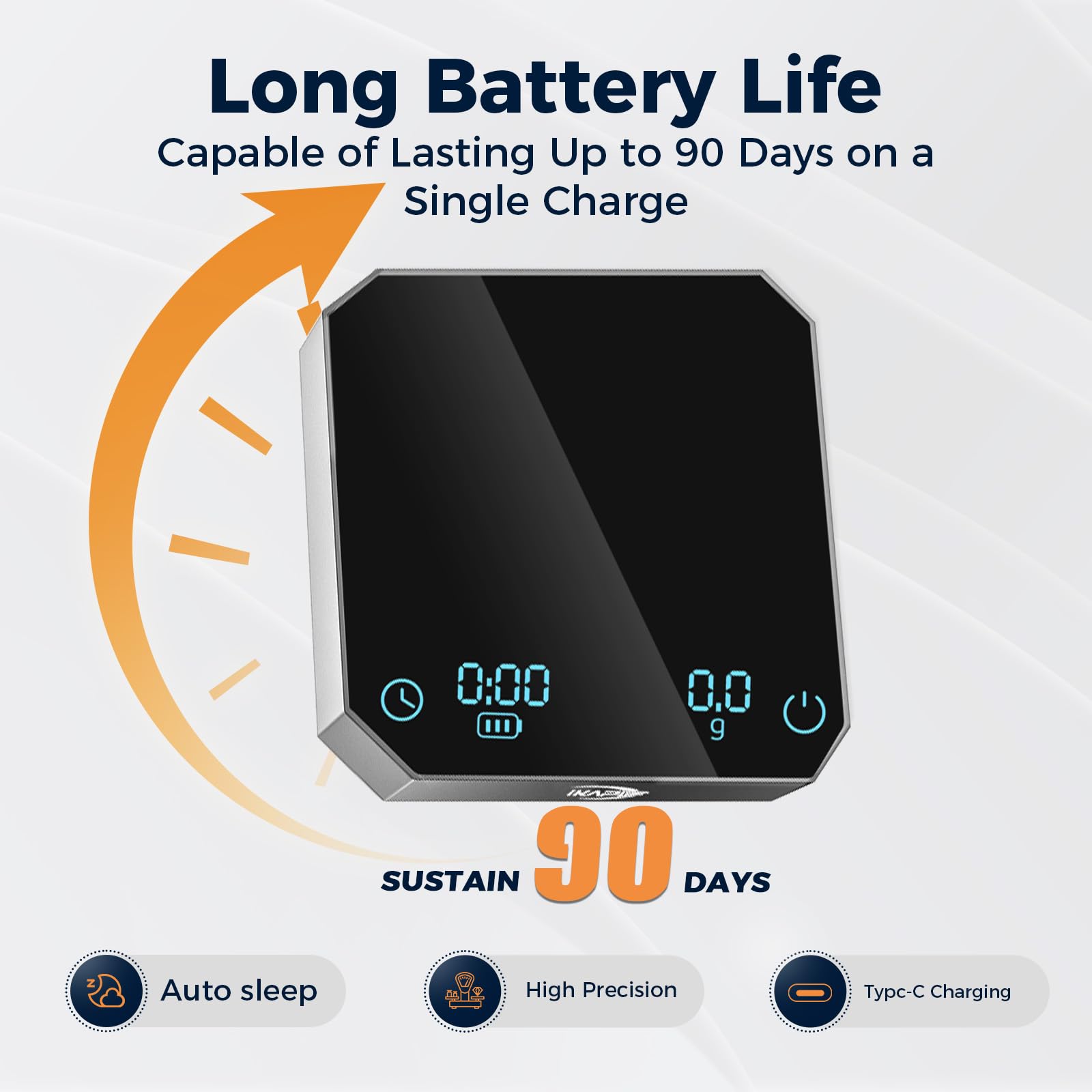 IKAPE Balance à café numérique avec minuterie, 0,1 g de haute précision, capacité de 2 kg, balance à café étanche rechargeable en alliage d'aluminium avec tare automatique et tampon en silicone