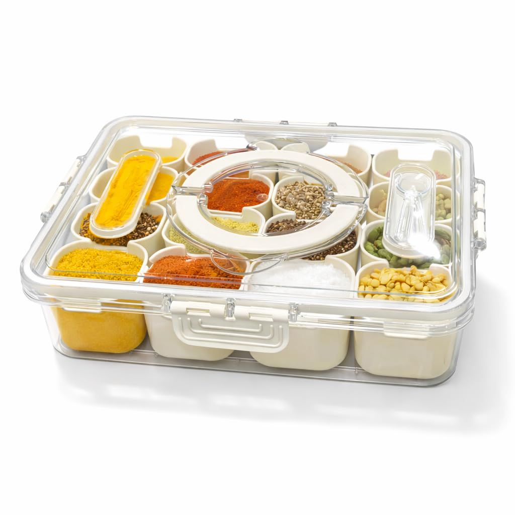 Vasukie Divided Fridge Storage Boxes With 4 Serving Veggie Tray with Lid and Handle, Fridge Organizer with Removable 4 Compartment, Fridge Storage Containers (16 Compartment-1PC)