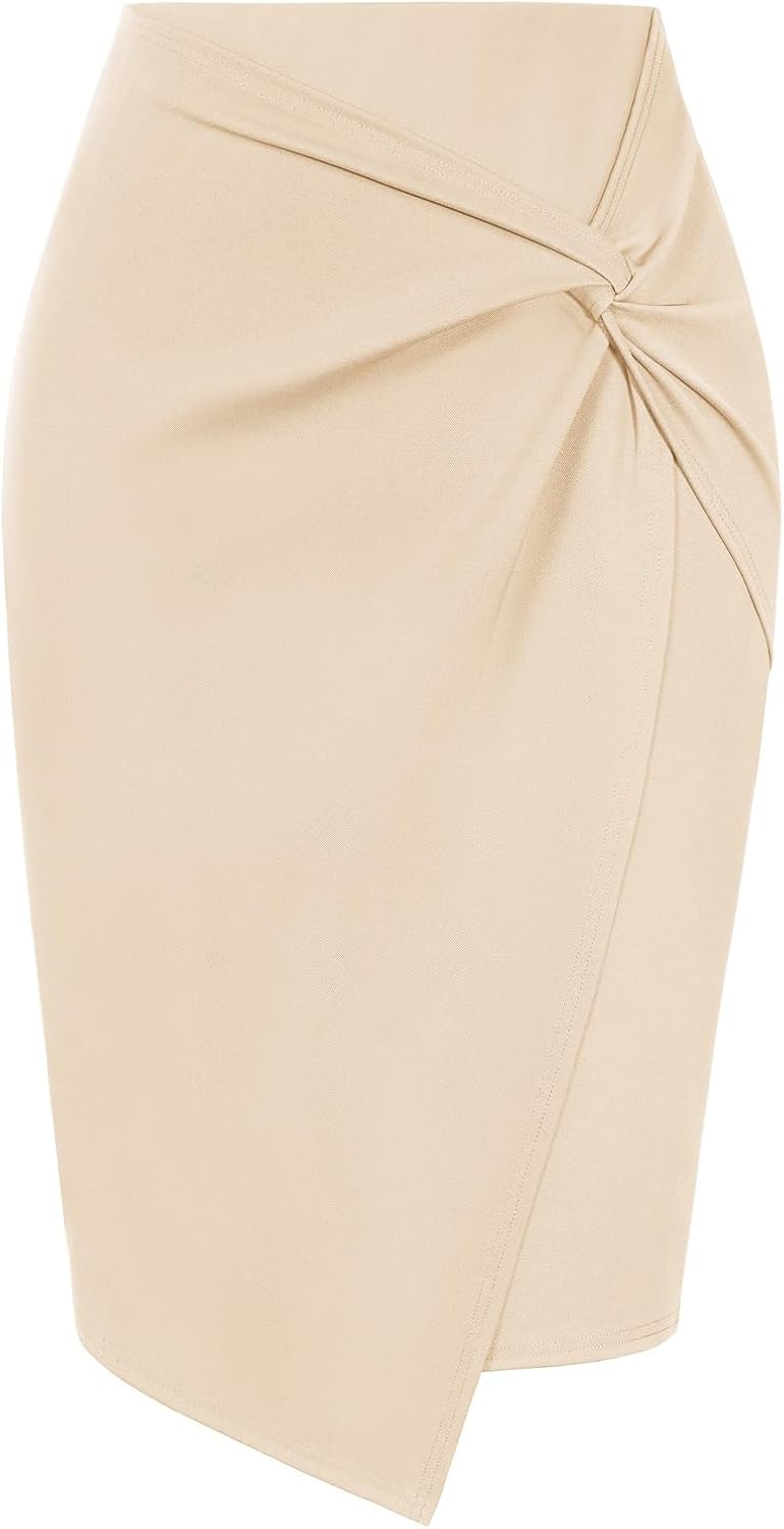 Kate Kasin Wear to Work Pencil Skirts for Women Elastic High Waist Wrap Front Knee Length Bodycon Skirt Tummy Control