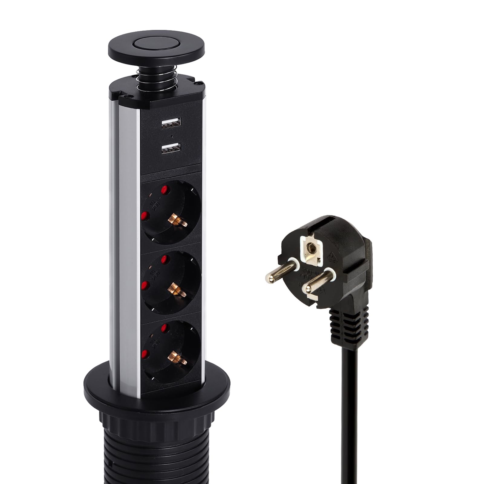LEUTED 3 Fach Versenkbare Steckdose mit USB, Einbausteckdose Ø60 mm | Mit Überspannungsschutz, Kindersicherung und 1,8 m Kabel für Arbeitsplatte, Schreibtisch und Küche.