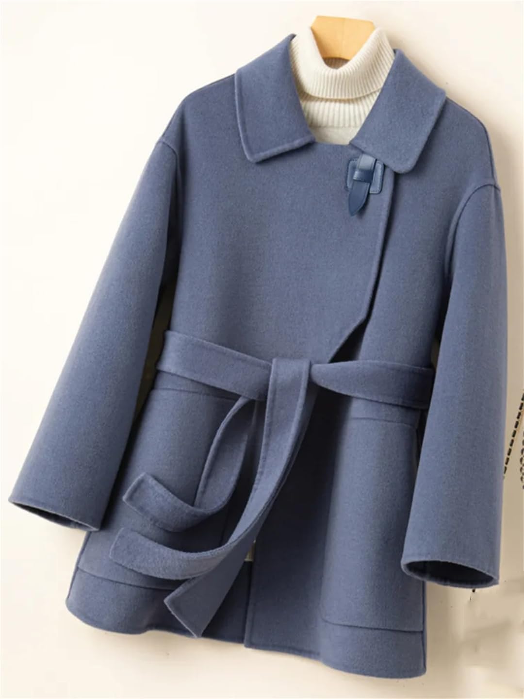 Fnfmrfmr Abrigo de lana con cinturón de solapa para mujer, manga larga, color sólido, holgada, casual, para exteriores