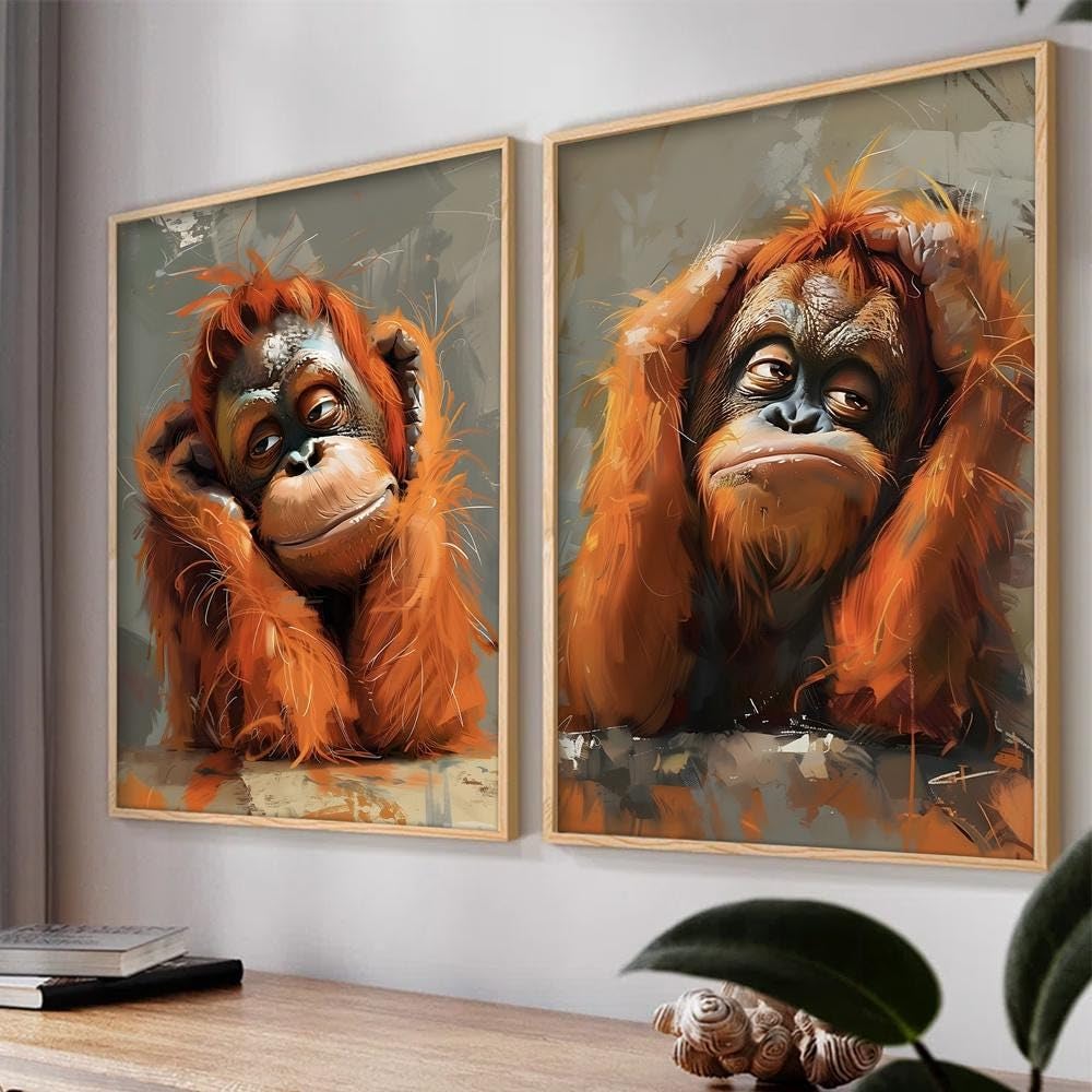 TONGYINLI Zabawny obraz orangutan, abstrakcyjny wydruk na płótnie zestaw plakatów: humorystyczny obraz ścienny ze zwierzęciem do pokoju dziecięcego dekoracja ścienna do domu (70 x 90 cm x 2/rama