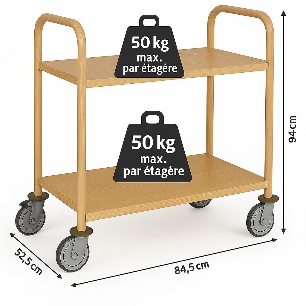 Générique Carrello di servizio finto legno – 2 vassoi robusti 50 kg – ruote girevoli, struttura in acciaio inox – design elegante per ristoranti, hotel e ristorazione
