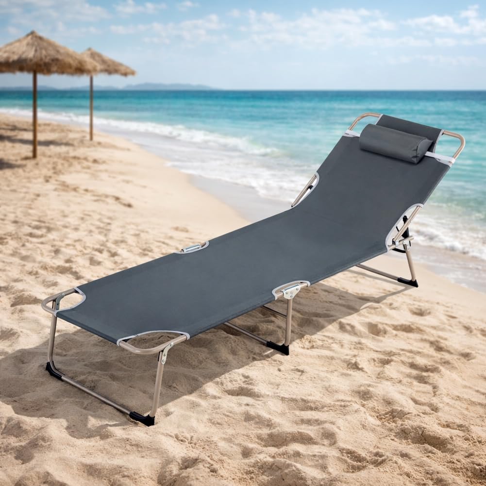 BAKAJI Lettino Prendisole da Spiaggia Grigio Pieghevole con Schienale Reclinabile, Sdraio con Struttura in Acciaio e Rivestimento in Tessuto Oxford Traspirante, Ideale per Mare, Giardino, Terrazzo