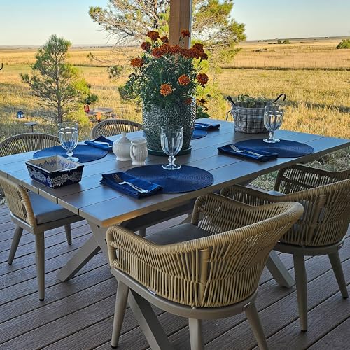 Image of PURPLE LEAF 5 Pieces Patio Dining Set with Outdoor Aluminium Dining Table and Woven Chairs Modern Metal Furniture Cushions Sets for Garden Yard Indoor Decor Kitchen Champagne
