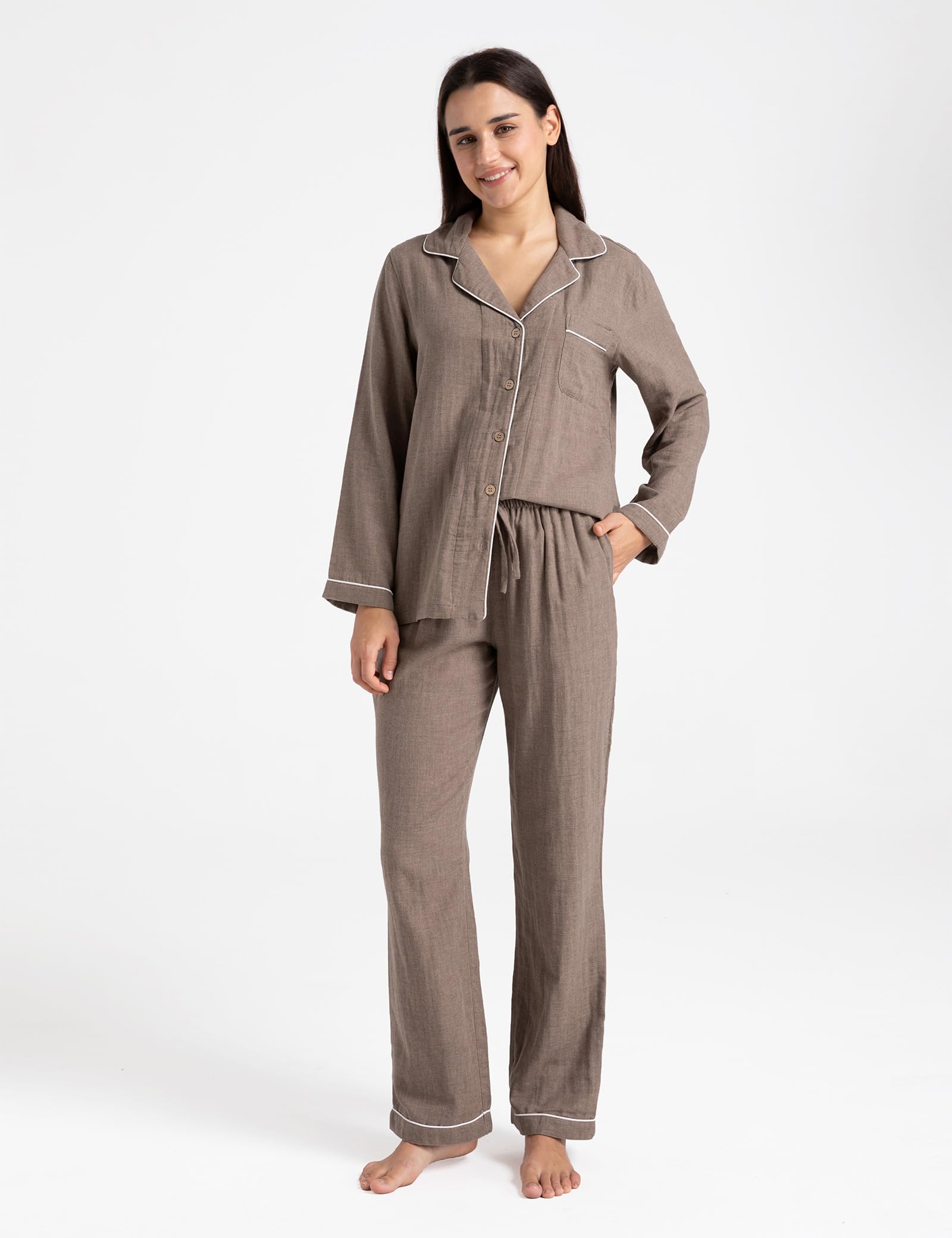 Conjunto de pijama para mujer, 100 % gasa doble, algodón y lino, de muselina, de manga larga, con botones, ropa de dormir suave | Conjunto de pijama transpirable suave y cómodo con botones