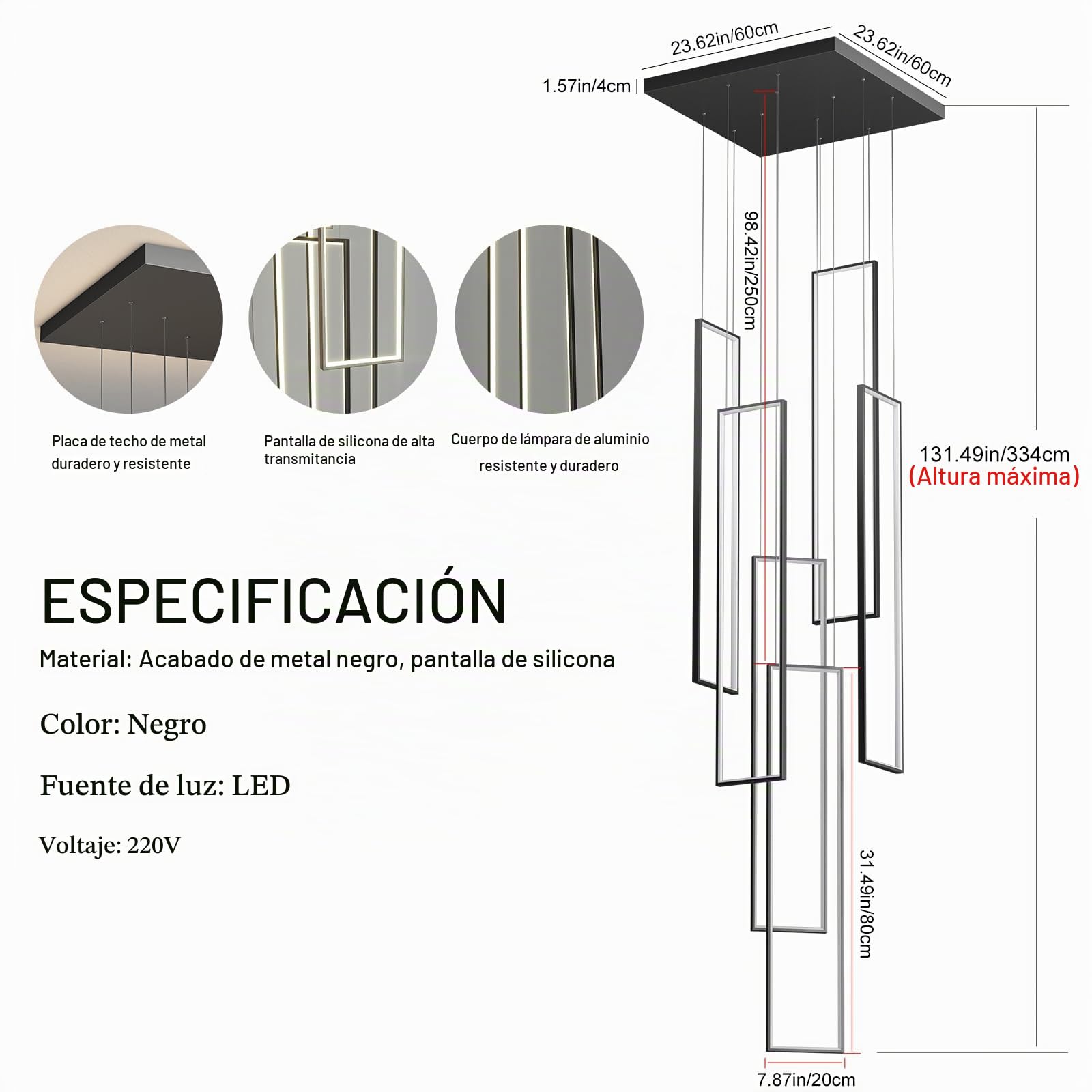 Qcyuui Lámpara de Techo LED Moderna Suspendida para Escaleras, 6 Luces Regulables, Plafón para Entrada de Chalet, Escaleras y Salones, Rectangular 90W con Mando a Distancia | Lámpara colgante rectangular con mando a distancia para villa, entrada, escalera