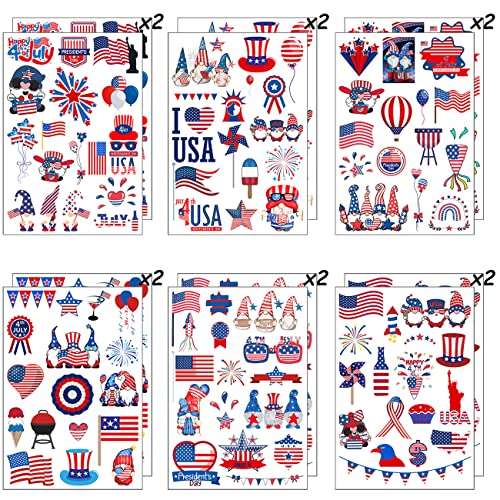 12 Sheets 4Th Of July Temporary Tattoos For Kids Adult, 4Th Of July Gnomes Party Supplies Favors Decorations Patriotic Usa American Flag Fake Tattoos Stickers Independence Day Goody Bag Stuffers #TOP2